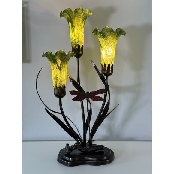 Vintage Dale Tiffany 3-Light Lily Lamp w/ Dragonfly - Picture 1 of 10